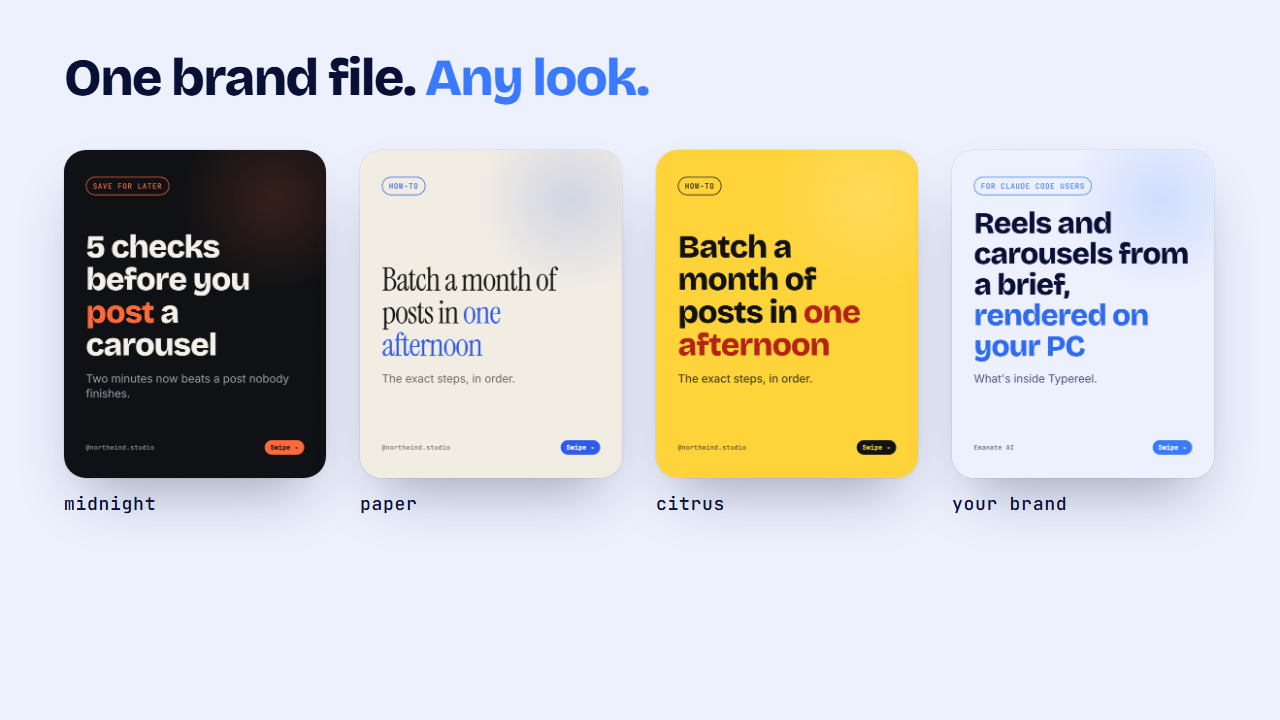 The same carousel in four different brand themes